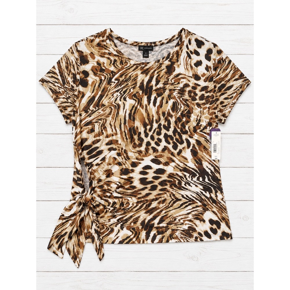 Worthington Animal Print Side Tie Blouse Migration Animal Satin Top Small NWT